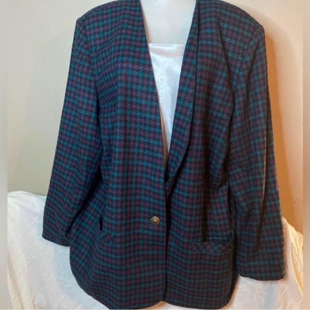 Vintage Alfred Dunner Purple Green Houndstooth Wool Blend Blazer Size 24W